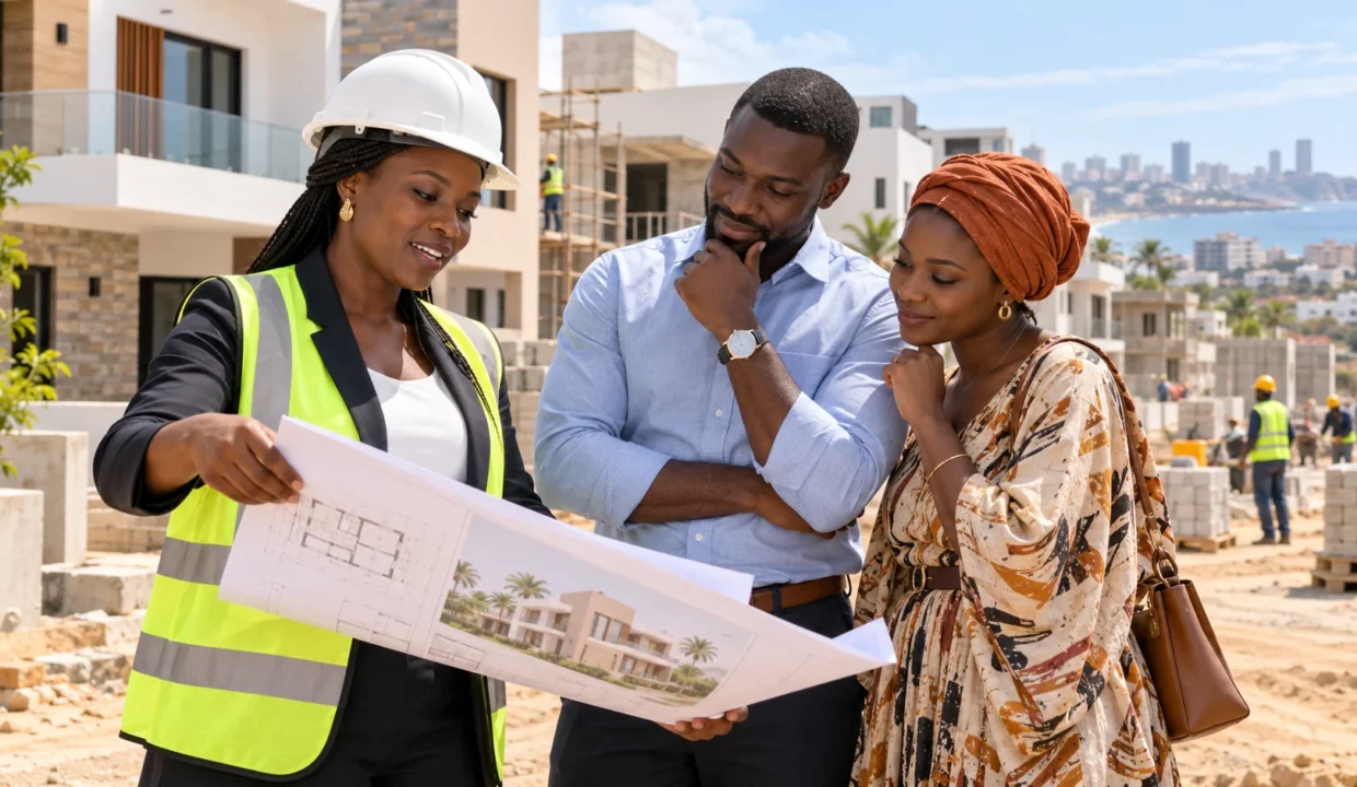 Une promotrice immobilière présente les plans d’une maison à des acheteurs sur un chantier résidentiel