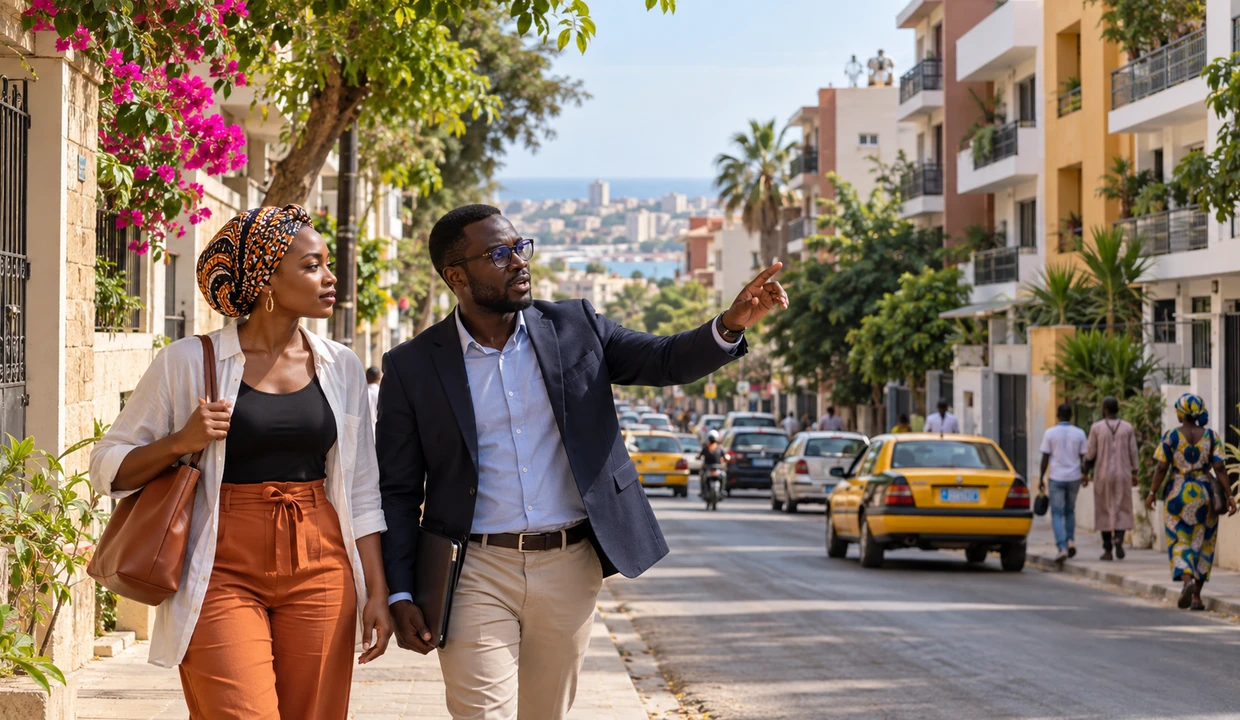 Illustration de la visite d’un quartier résidentiel de Dakar pour choisir une location