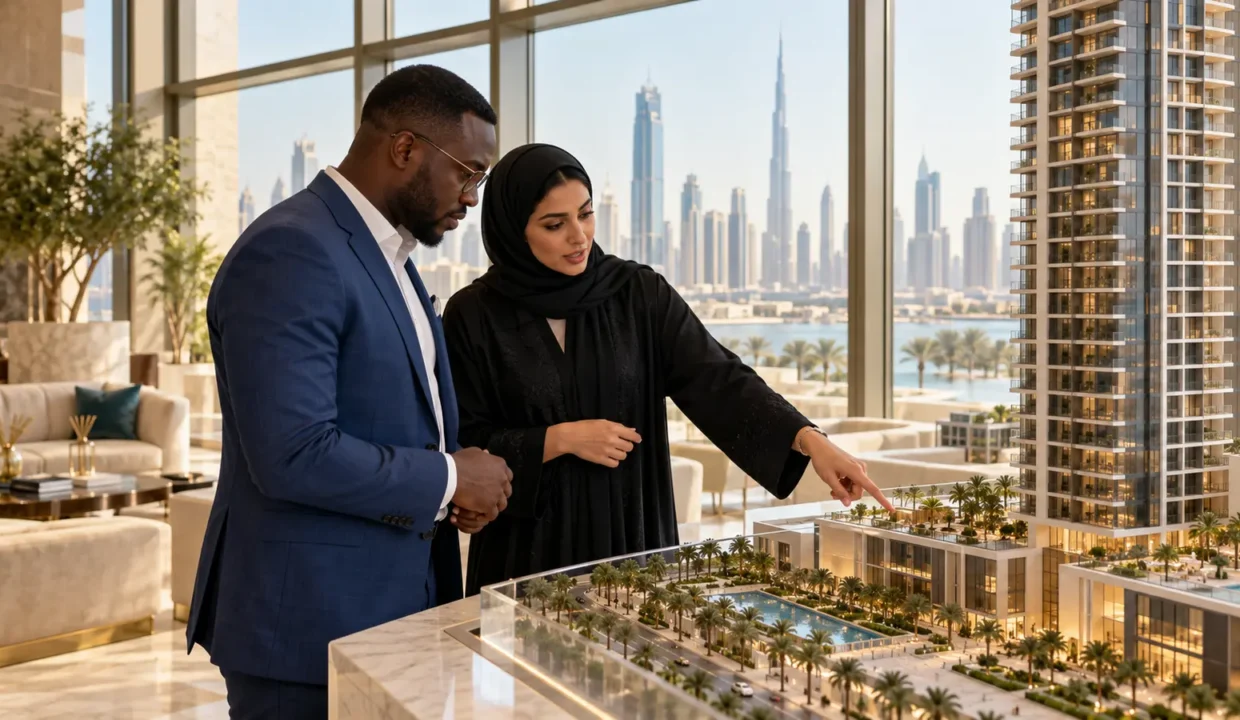 Investisseur sénégalais étudiant une maquette immobilière à Dubaï