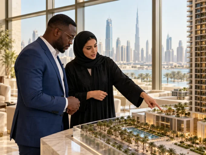 Investisseur sénégalais étudiant une maquette immobilière à Dubaï