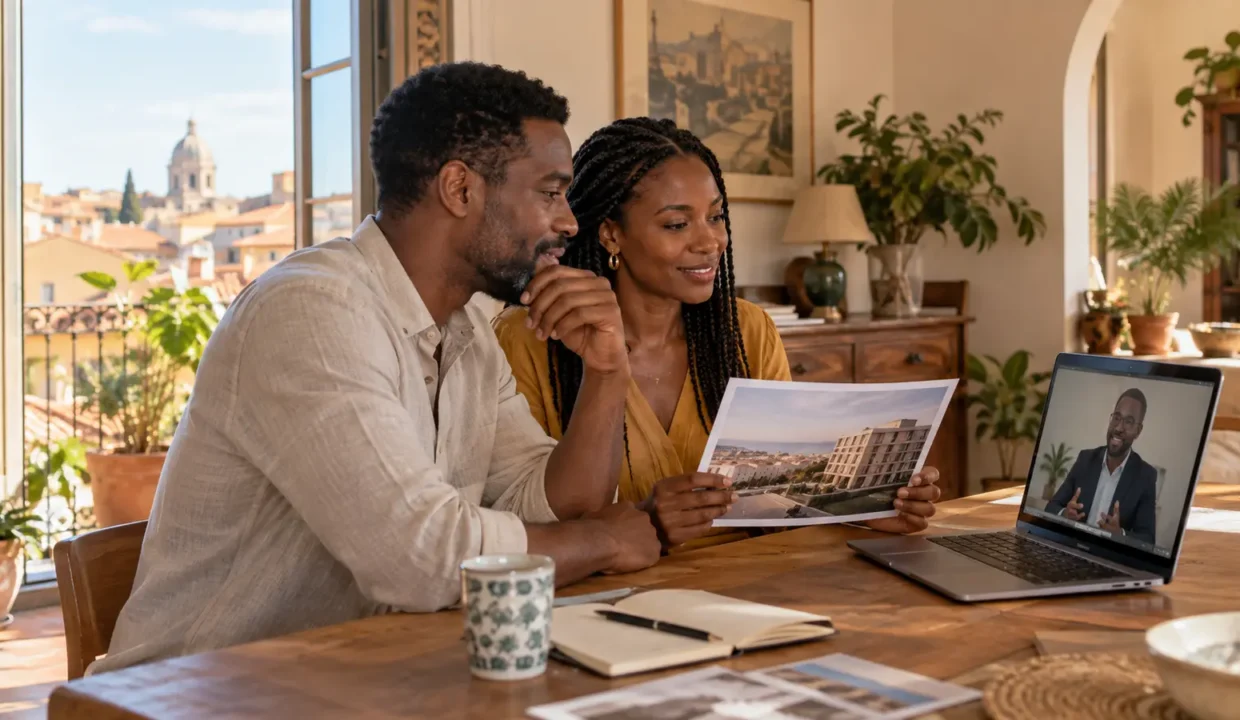 Couple de la diaspora préparant un achat immobilier au Sénégal depuis l’Italie