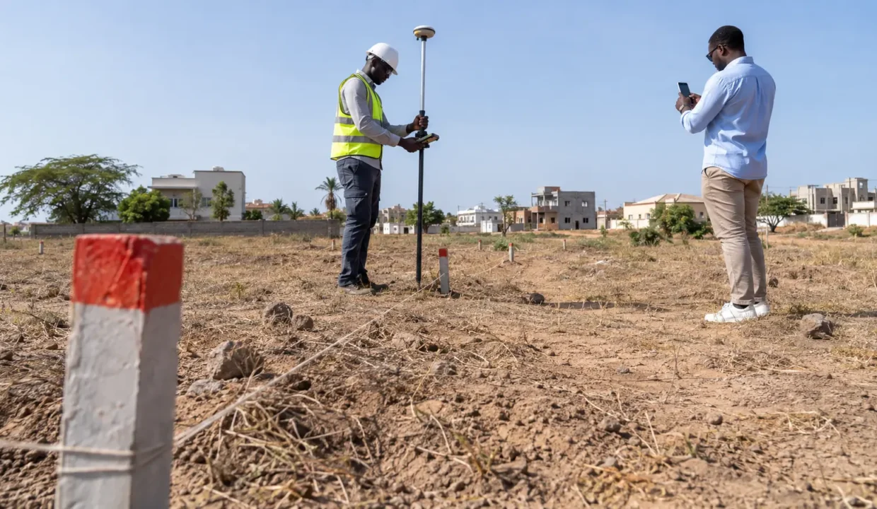 Géomètre vérifiant les limites d’un terrain avant un achat au Sénégal