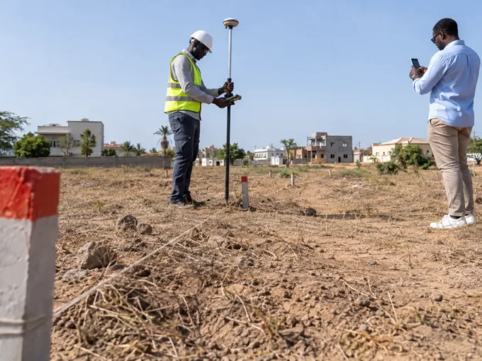 Géomètre vérifiant les limites d’un terrain avant un achat au Sénégal