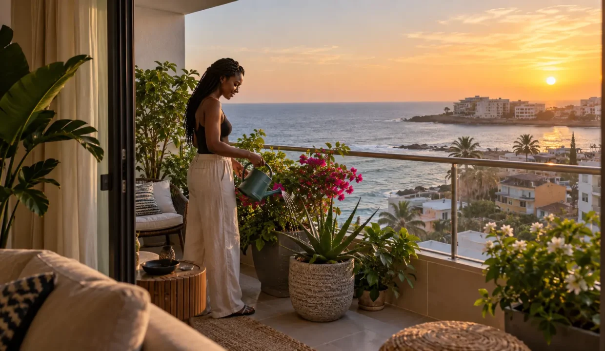 Balcon d’un appartement à louer aux Almadies avec vue sur la mer
