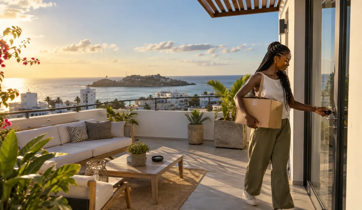 Locataire découvrant la terrasse d’un appartement à Ngor avec vue sur la mer