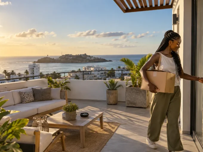 Locataire découvrant la terrasse d’un appartement à Ngor avec vue sur la mer