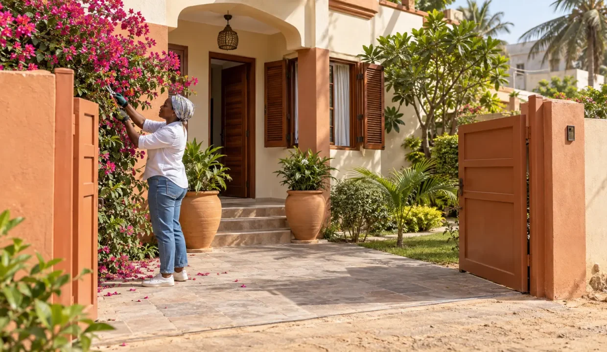 Préparation de l’entrée d’une maison avant sa vente à Dakar