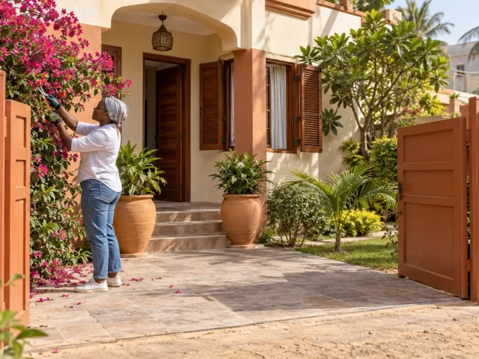 Préparation de l’entrée d’une maison avant sa vente à Dakar