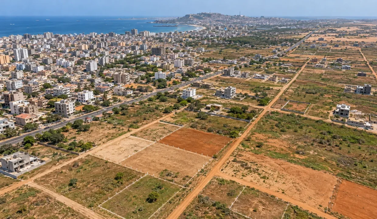 Vue aérienne des terrains et quartiers autour de Dakar