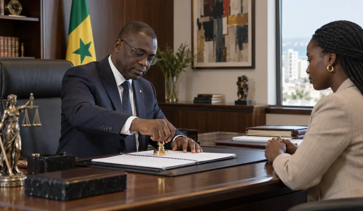 Notaire authentifiant un acte lors d’un achat immobilier au Sénégal