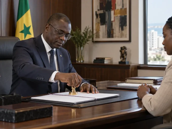 Notaire authentifiant un acte lors d’un achat immobilier au Sénégal