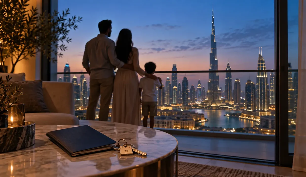 Famille contemplant Dubaï depuis un appartement lié à un projet de résidence