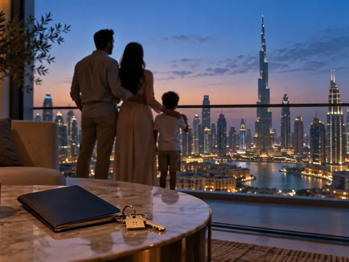 Famille contemplant Dubaï depuis un appartement lié à un projet de résidence