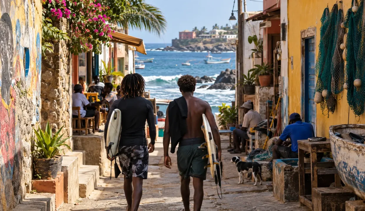 Surfeurs dans une ruelle côtière du quartier de Ngor à Dakar