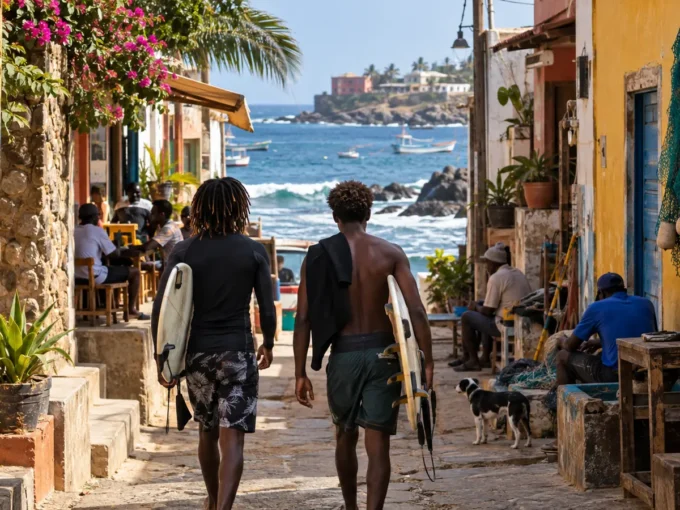 Surfeurs dans une ruelle côtière du quartier de Ngor à Dakar