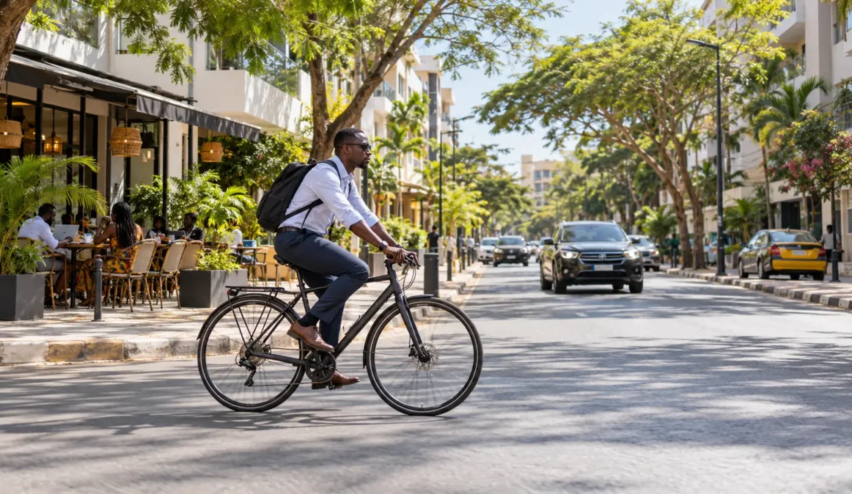 Cycliste dans une rue arborée du quartier Point E à Dakar
