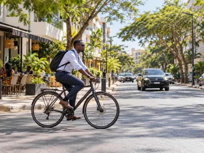 Cycliste dans une rue arborée du quartier Point E à Dakar