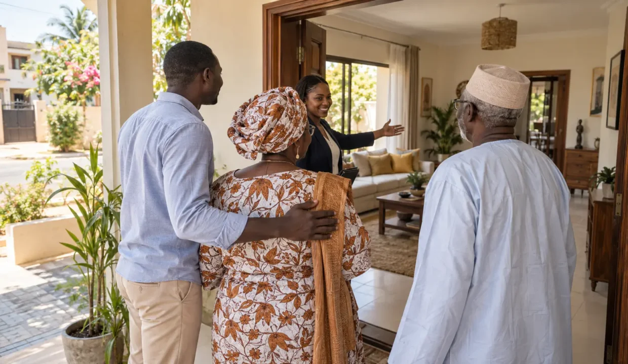 Famille sénégalaise visitant une maison adaptée pour des parents