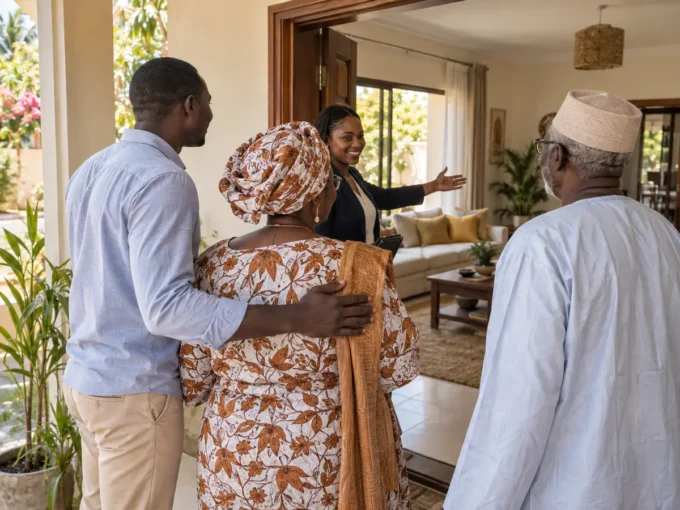 Famille sénégalaise visitant une maison adaptée pour des parents