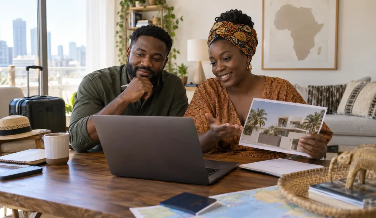 Couple de la diaspora préparant un achat immobilier au Sénégal depuis les États-Unis