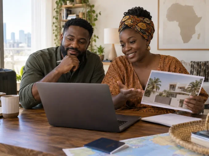 Couple de la diaspora préparant un achat immobilier au Sénégal depuis les États-Unis