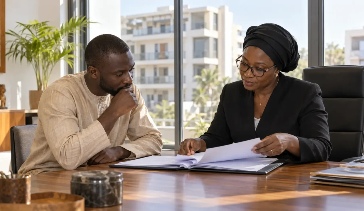 Acheteur vérifiant des documents immobiliers avec une conseillère au Sénégal