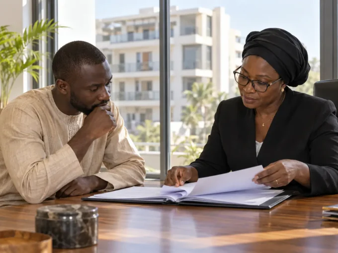 Acheteur vérifiant des documents immobiliers avec une conseillère au Sénégal