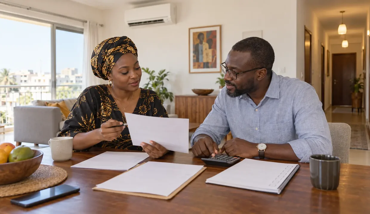Locataire et bailleur examinant les charges d’un appartement à Dakar