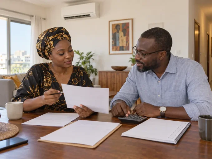Locataire et bailleur examinant les charges d’un appartement à Dakar