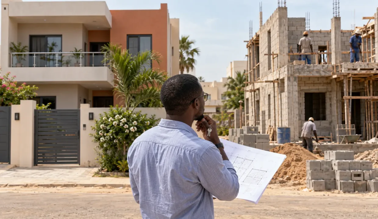 Homme comparant une maison achevée et un chantier au Sénégal