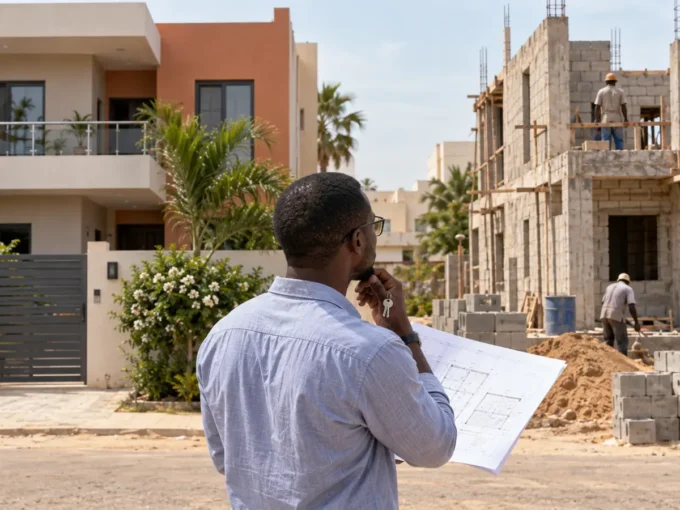 Homme comparant une maison achevée et un chantier au Sénégal