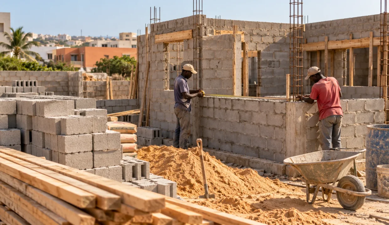Chantier d’une maison au Sénégal avec matériaux et travaux de maçonnerie