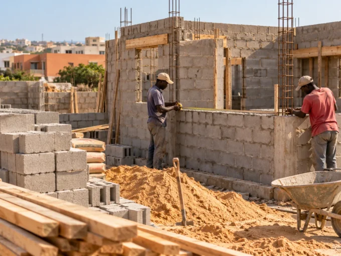 Chantier d’une maison au Sénégal avec matériaux et travaux de maçonnerie