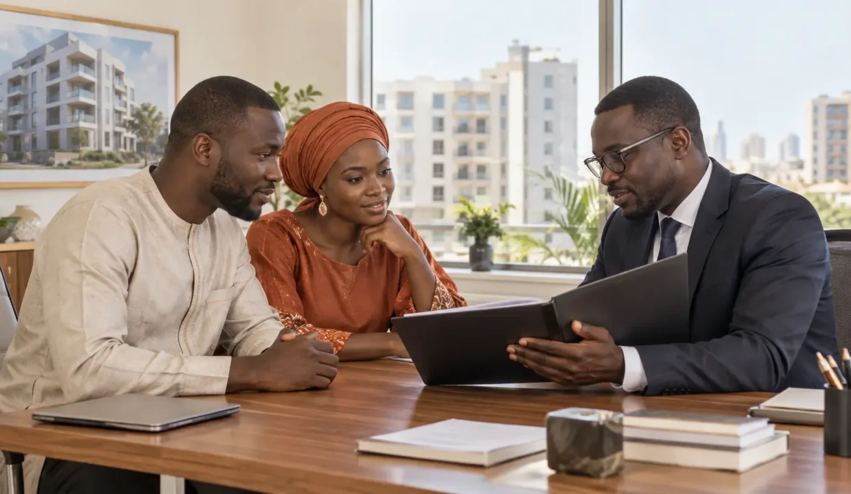 Couple discutant d’un crédit immobilier avec un conseiller au Sénégal