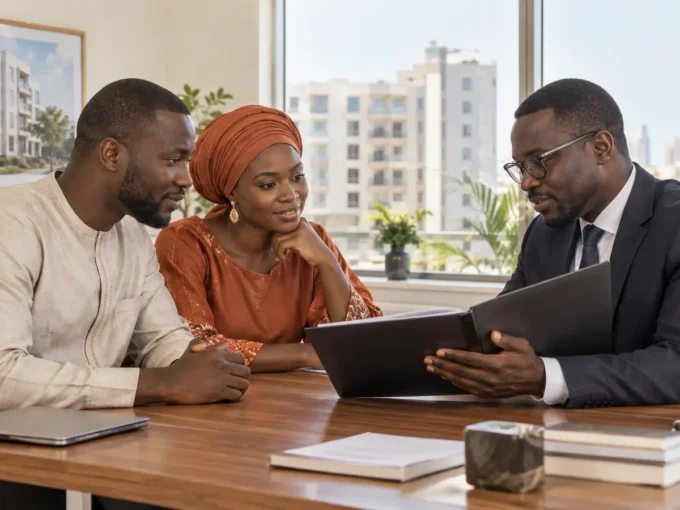 Couple discutant d’un crédit immobilier avec un conseiller au Sénégal