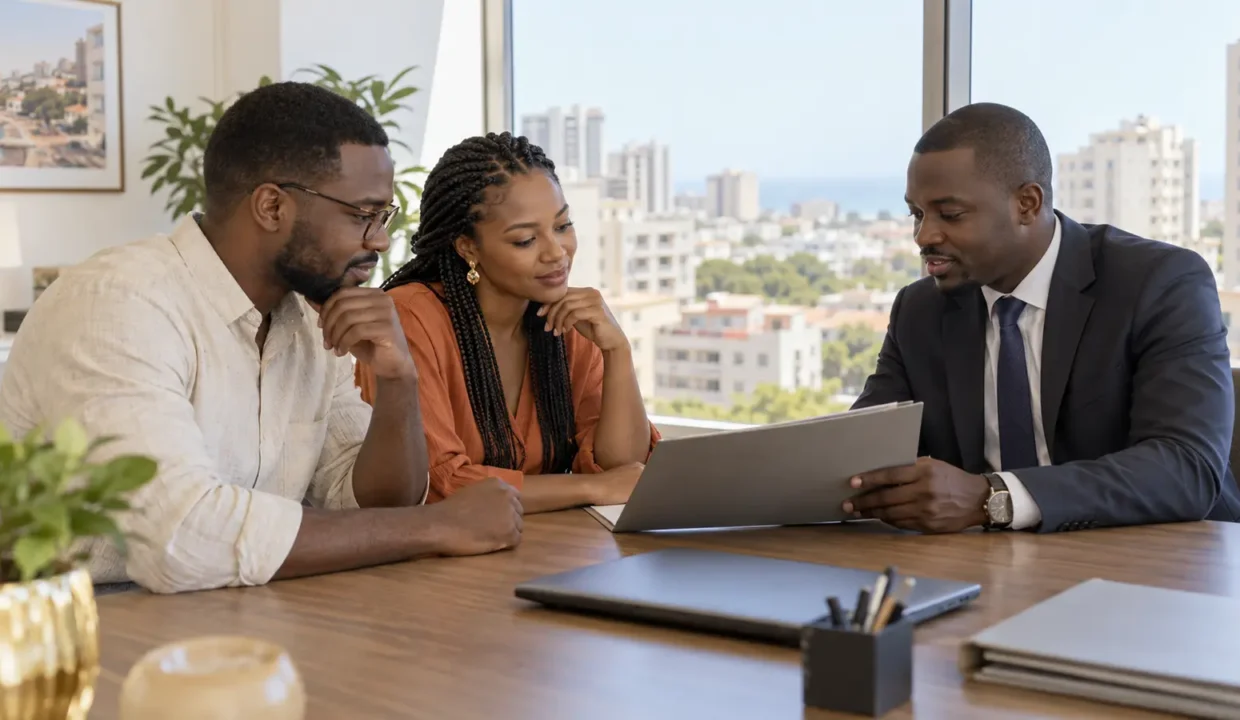 Couple de la diaspora discutant d’un crédit immobilier au Sénégal