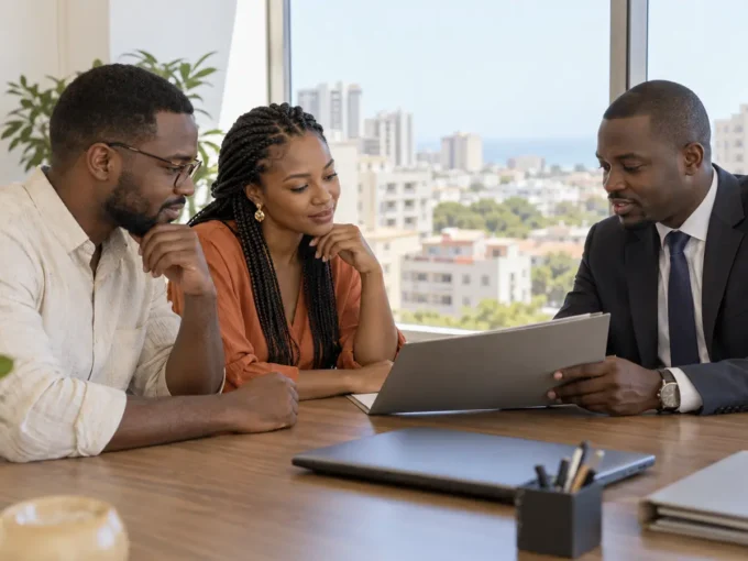 Couple de la diaspora discutant d’un crédit immobilier au Sénégal
