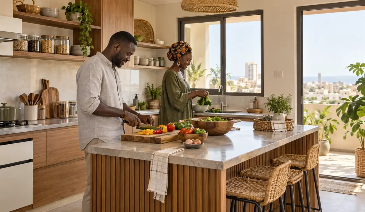 Couple préparant un repas dans une cuisine moderne à Dakar