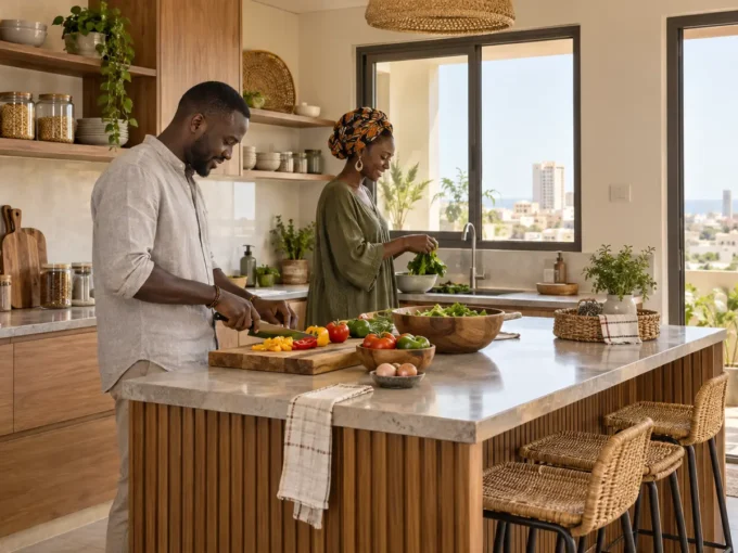 Couple préparant un repas dans une cuisine moderne à Dakar