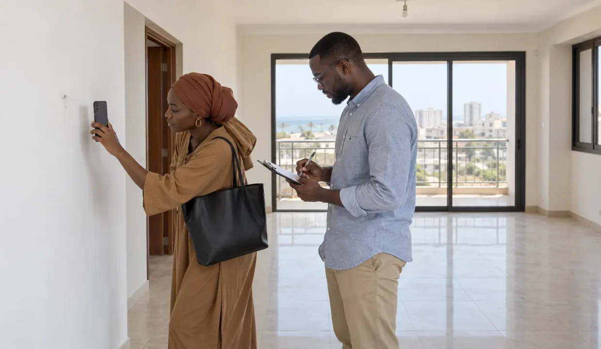 Locataire et bailleur réalisant un état des lieux d’entrée au Sénégal