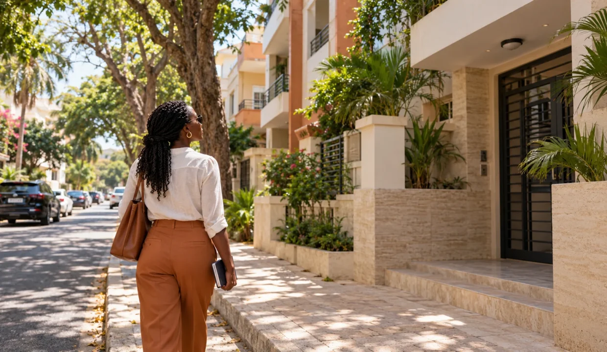 Illustration d’une locataire découvrant une rue résidentielle et un immeuble à Fann, Dakar