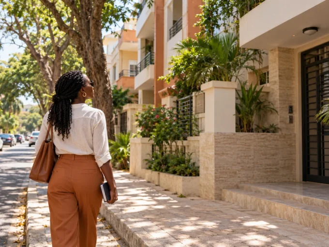 Illustration d’une locataire découvrant une rue résidentielle et un immeuble à Fann, Dakar