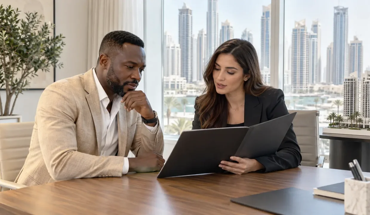Investisseur non-résident discutant du financement d’un achat immobilier à Dubaï