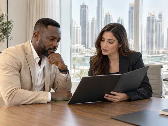 Investisseur non-résident discutant du financement d’un achat immobilier à Dubaï