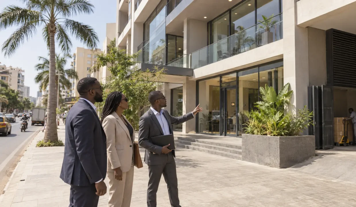 Professionnels visitant un immeuble d’entreprise à Dakar