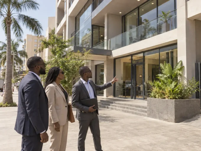 Professionnels visitant un immeuble d’entreprise à Dakar