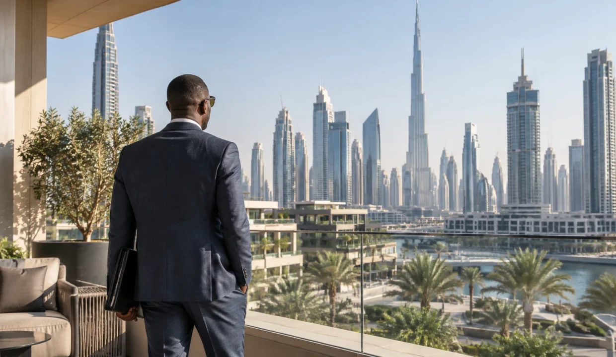 Investisseur sénégalais face au paysage urbain de Dubaï
