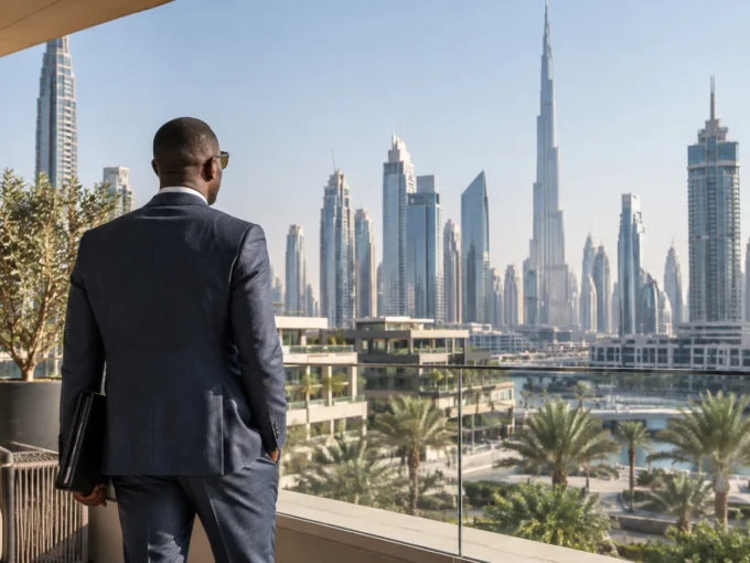 Investisseur sénégalais face au paysage urbain de Dubaï