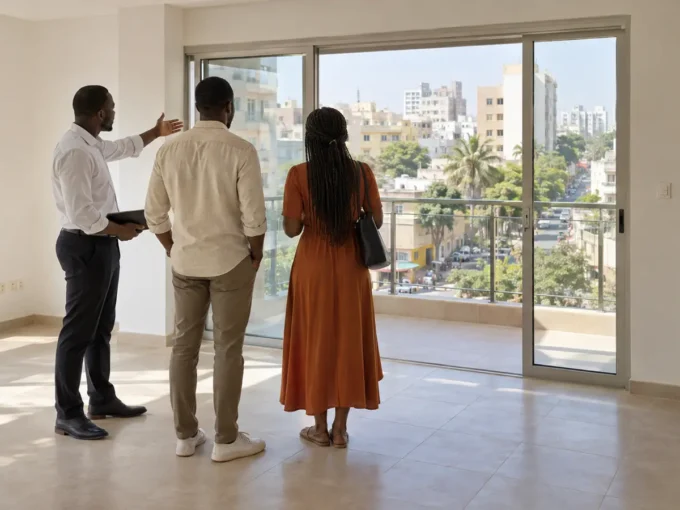 Couple visitant un appartement à louer à Liberté 6, Dakar