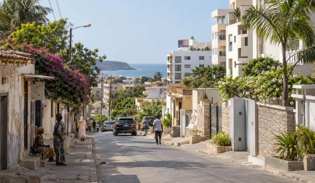 Rue résidentielle d’Ouakam entre tissu ancien, immeubles récents et océan